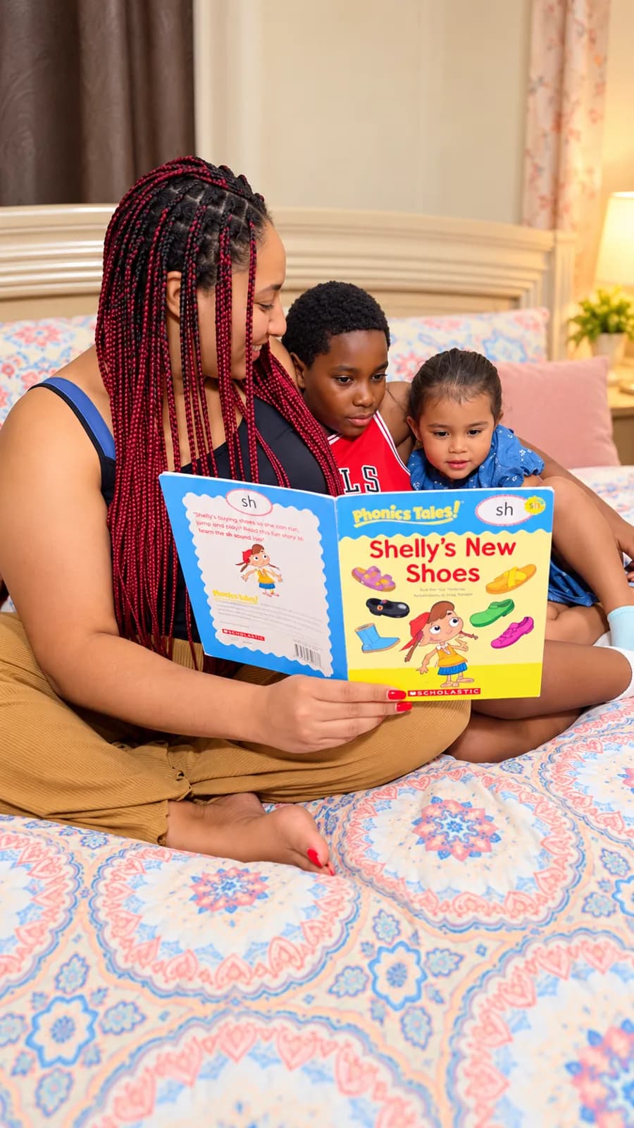 Babysitter reading a story book to two children in Grand Cayman